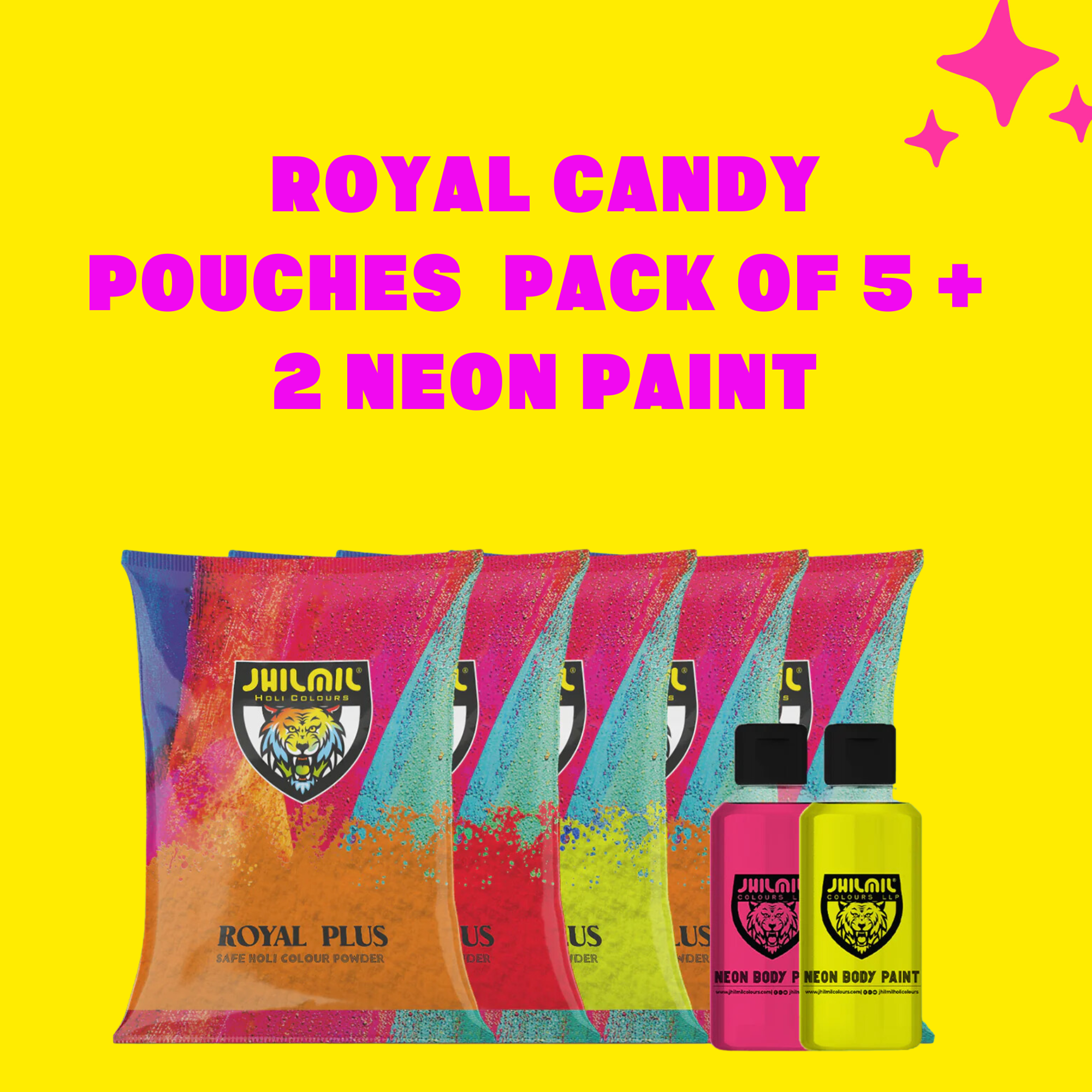 Royal Candy pouches 80 gms Pack of 5 + 2 Neon Paint <100GM Each>