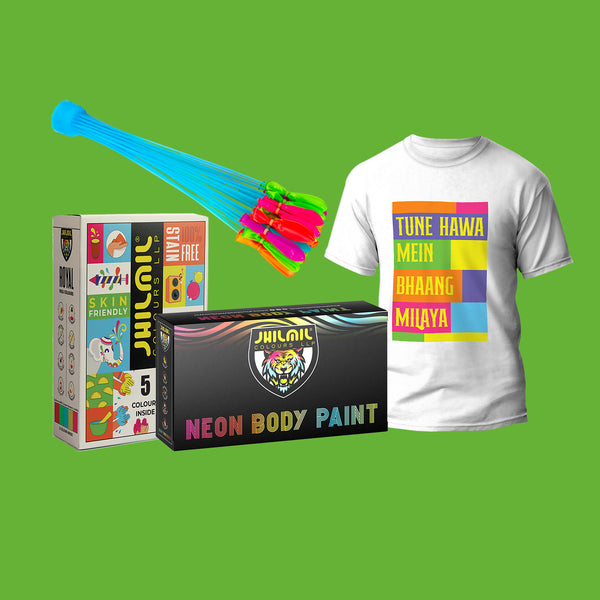 Jhilmil T shirt  +  Water balloon  +  Royal Multicolor Standard Box (250Gm) +  Neon Body paint pack of (5 X 50 ML)
